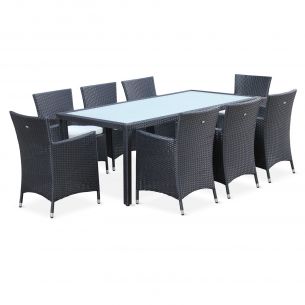 Conjunto de mesa e cadeiras de jardim em rotim (aspeto vime) sintético, 8 lugares, preto - Capri Foto Capri Conjunto de mesa e cadeiras de jardim, Preto, Capri