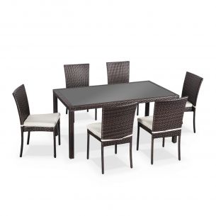Conjunto de mesa e cadeiras de jardim em rotim (aspeto vime) sintético - Castanho, almofadas em cru - 6 lugares - Bergamo Foto Bergamo Mesa de jardim, castanho, cru, 6 lugares | Bergamo