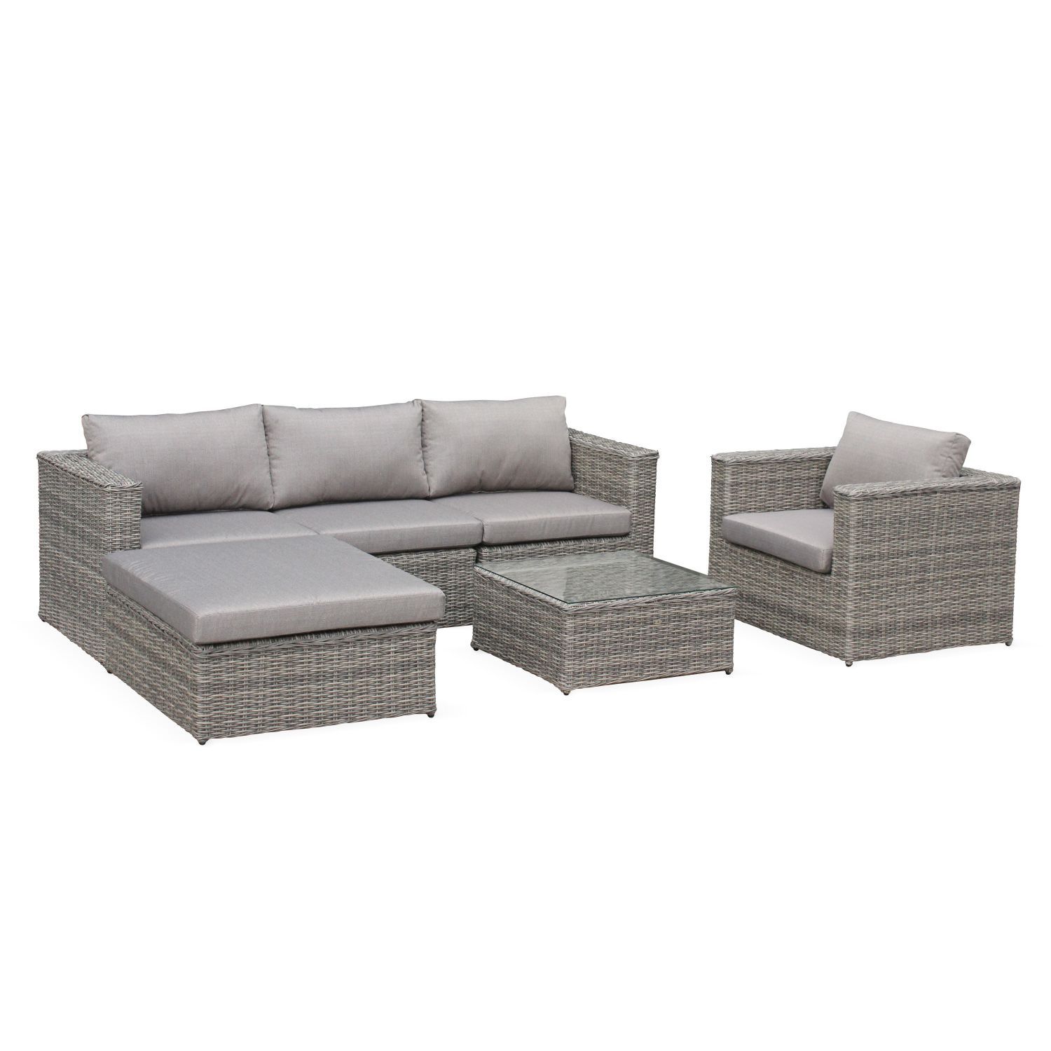 Romini: 5-seater round rattan garden sofa set with table, grey / beige